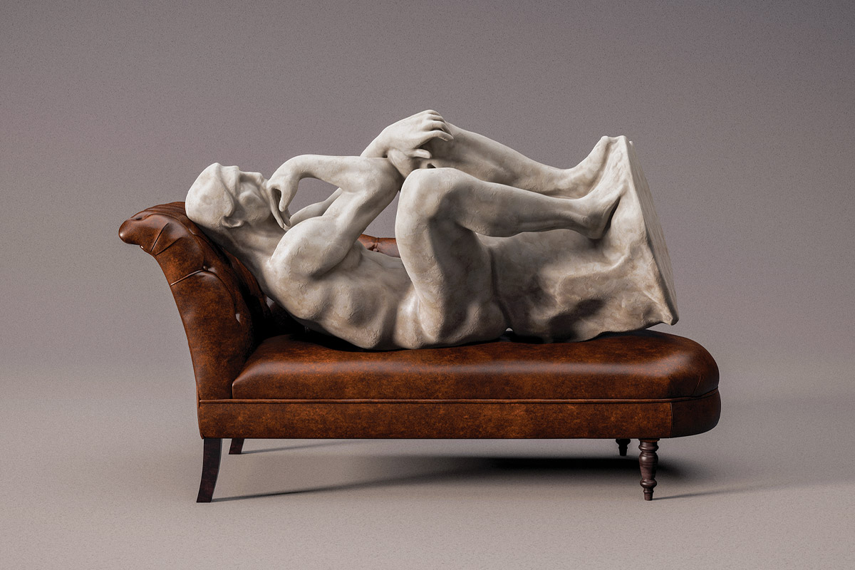 imagen del pensador de Auguste Rodin acostado en un divan