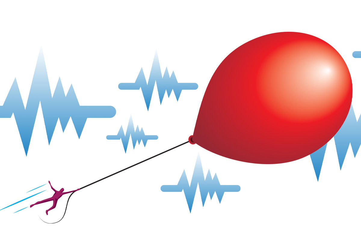 ilustración de persona, jalada por un globo, volando